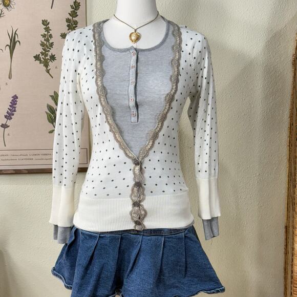 Y2k Striped Henley Top Dollette Dolly Gloomy Coquette Cutecore Shoujo Girl XS - Picture 2 of 6